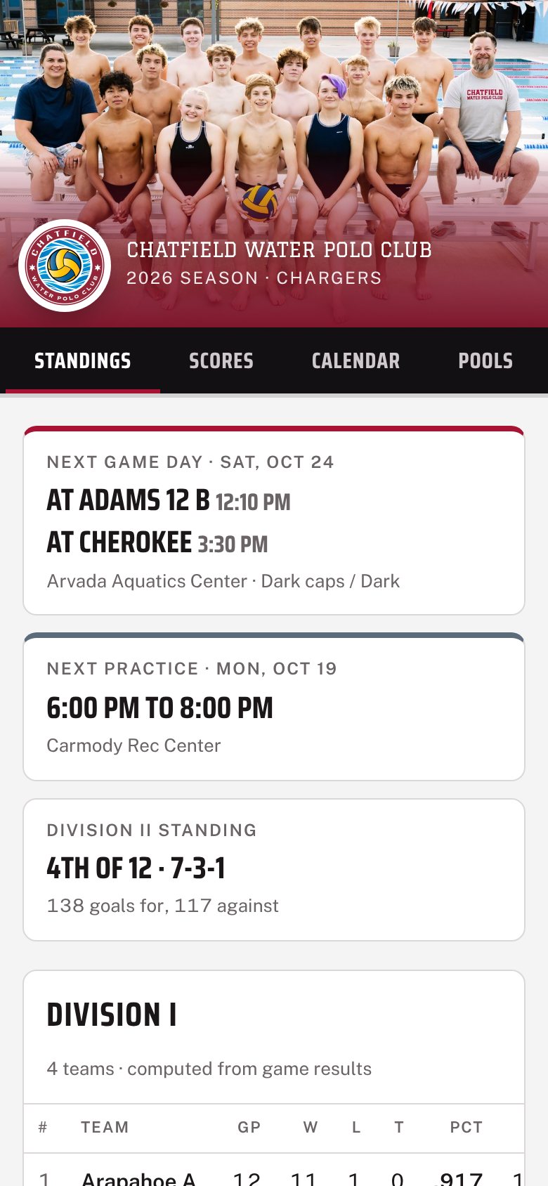 The Chatfield Water Polo Club app on a phone, showing the team photo, next game and standings